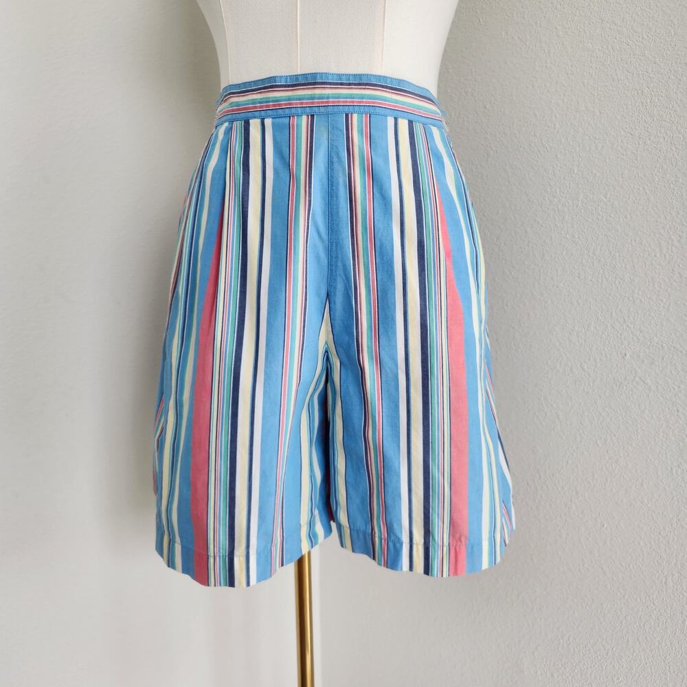 Vintage 80s Blue Yellow Red Striped High Rise Pleated Mom Shorts 10